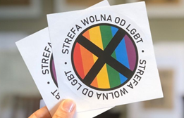 Image of homophobic Polish stickers that feature a crossed-out rainbow. 