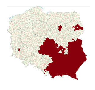 Map of Poland that highlights the "LGBT-free" zones, largely located in the southeast portion of the country.
